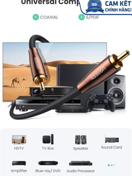 Cáp âm thanh Audio Coaxial RCA to RCA bọc Nynol dài 2M Ugreen 10190 cao cấp