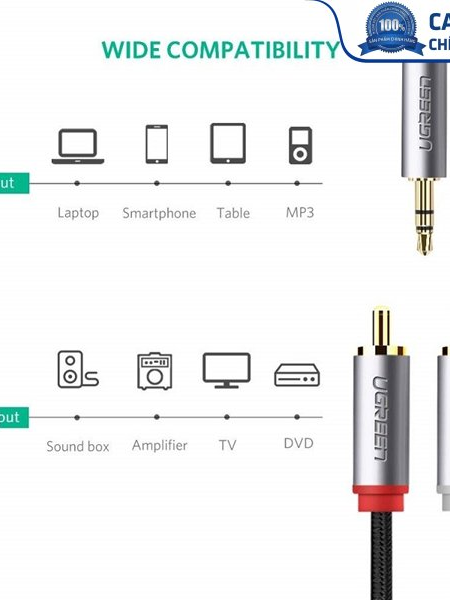 Cáp Audio 3,5mm to RCA dài 2m chính hãng Ugreen 40843 mạ vàng cao cấp