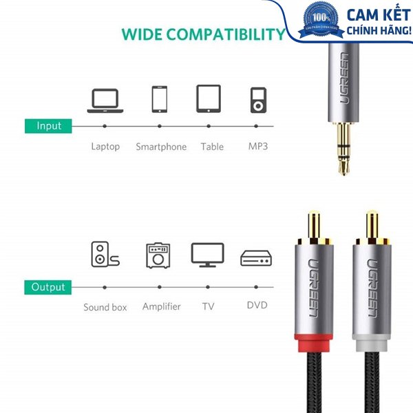 Cáp Audio 3,5mm to RCA dài 2m chính hãng Ugreen 40843 mạ vàng cao cấp
