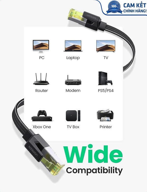 Cáp mạng CAT7 đúc sẵn dẹt dài 15M tốc độ 10Gbps 600Mhz 30AWG U/FTP Ugreen 40166 cao cấp (bện Nylon)