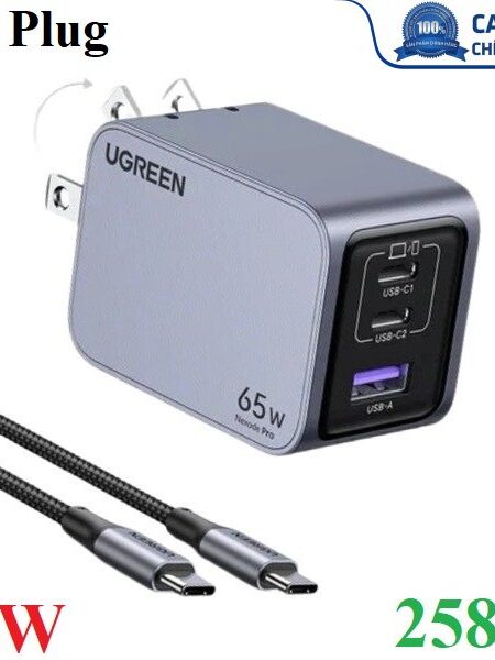 Củ sạc nhanh 3 cổng GaN Nexode Pro 65W cắm tường Ugreen 25870 cao cấp (US Plug)