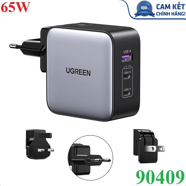 Củ sạc nhanh 65W GaN 3 cổng USB Type-C x2 USB Type-A x1 Hỗ trợ QC4+, PD3.0.. Ugreen 90409 cao cấp