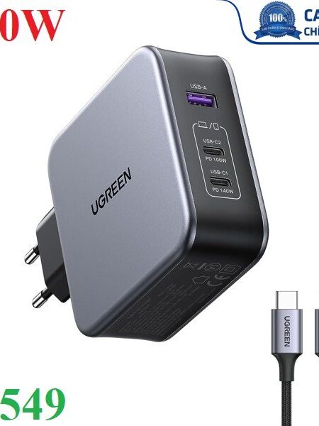 Củ sạc nhanh Nexode 140W GaN PD3.1, 2 USB Type-C và 1 USB Type-A Ugreen 90549 cao cấp (EU)
