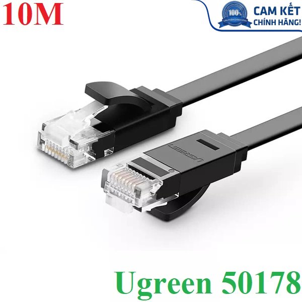 Dây cáp mạng đúc sẵn dẹt Cat6 dài 10m 26AWG Ugreen 50178 cao cấp (màu đen)