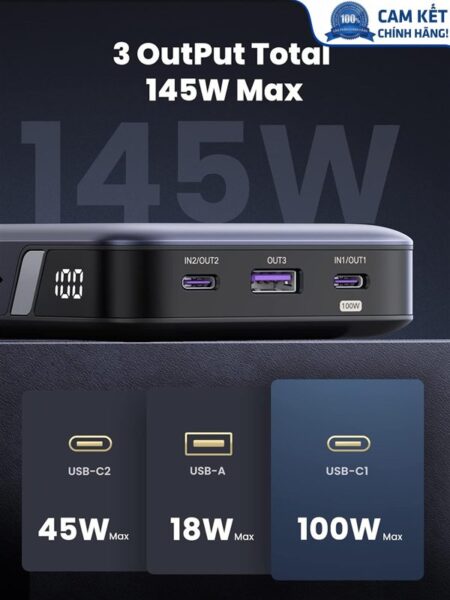 Sạc dự phòng PD 145W dung lượng 25000mAh hỗ trợ sạc nhanh 100W laptop Ugreen 90597A cao cấp