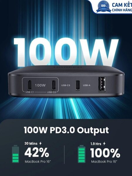 Sạc nhanh để bàn 100W 4 cổng USB Type-C x3, Type-A x1 Ugreen 70870 cao cấp